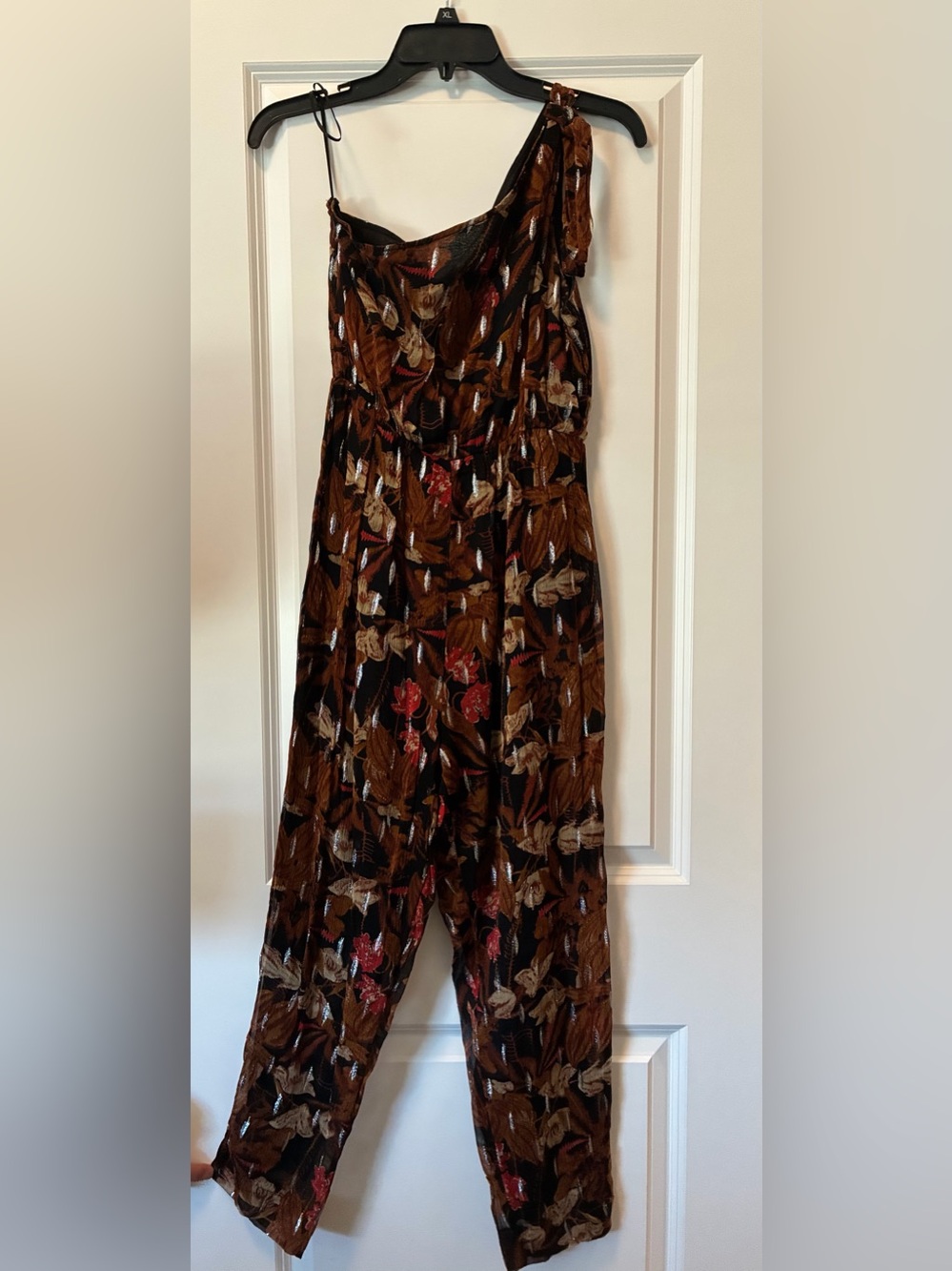 Anthropologie Brown & Red Leaf-Print Maxi Jumpsuit Dress